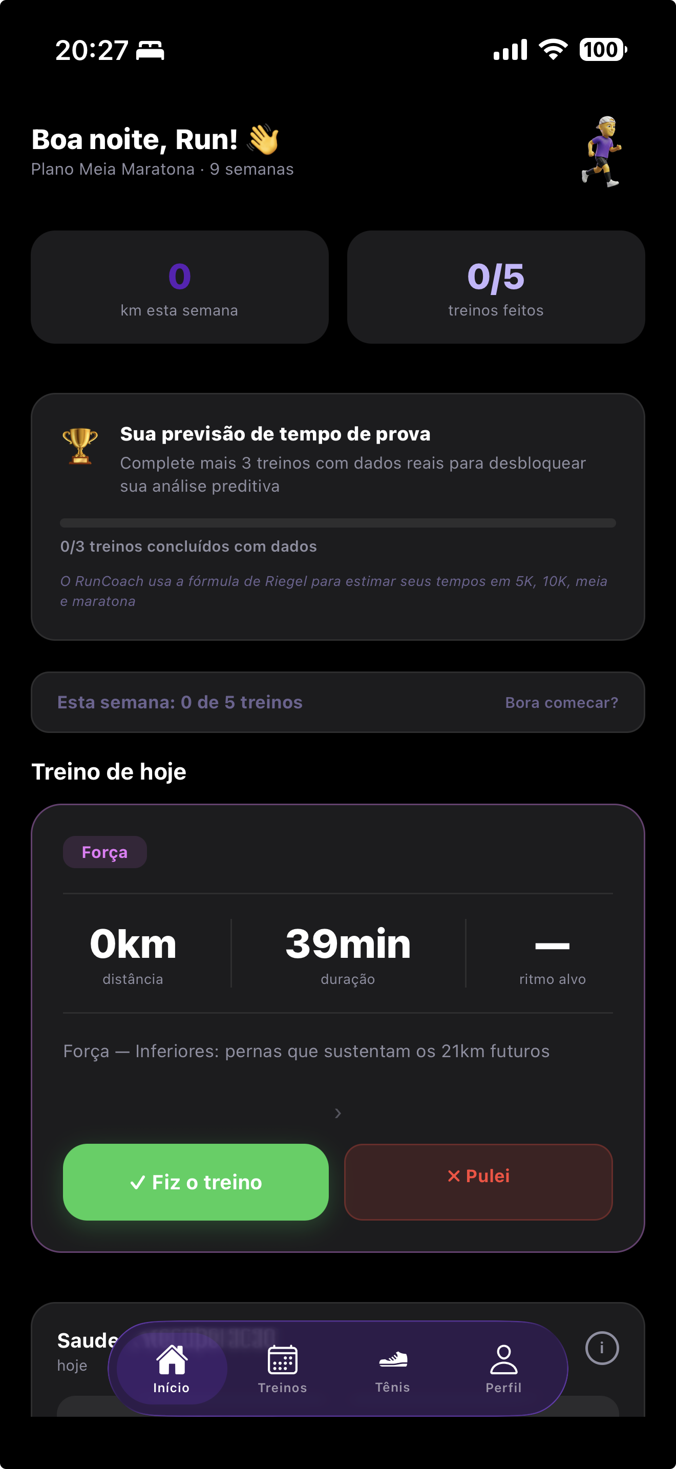 RunCoach — Tela inicial com treino do dia