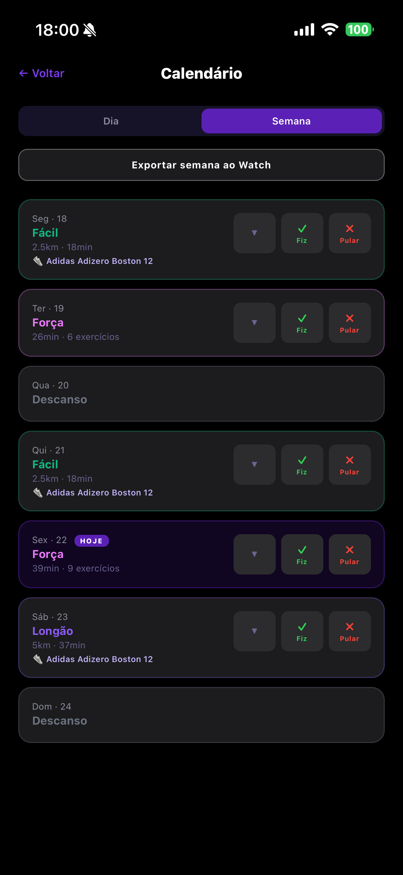 RunCoach — Lista de treinos da semana